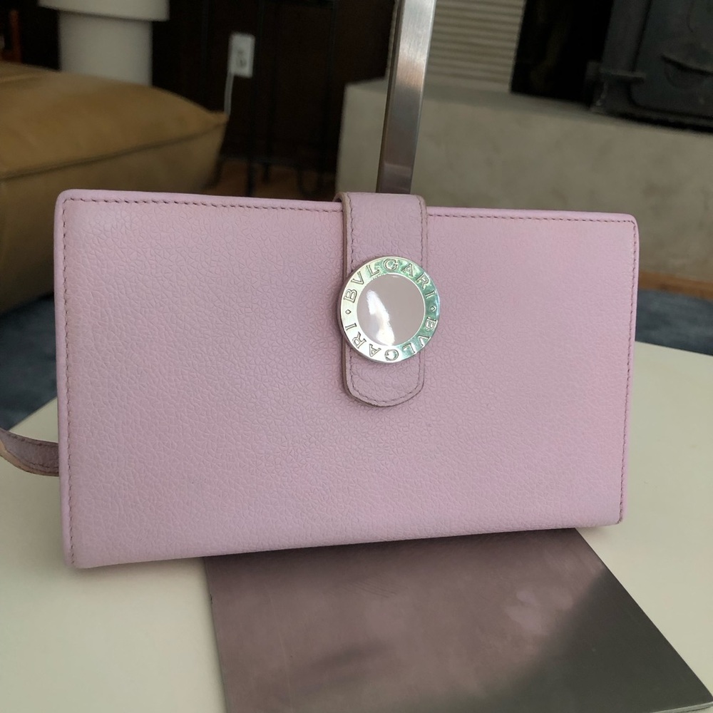 Bulgari Light Pink Pebbled Leather Wristlet Wallet with Silver Logo